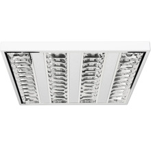 Corp de iluminat cu grilă pătrat pentru birou cu patru rânduri de reflectoare argintii și tablă perforată albă.