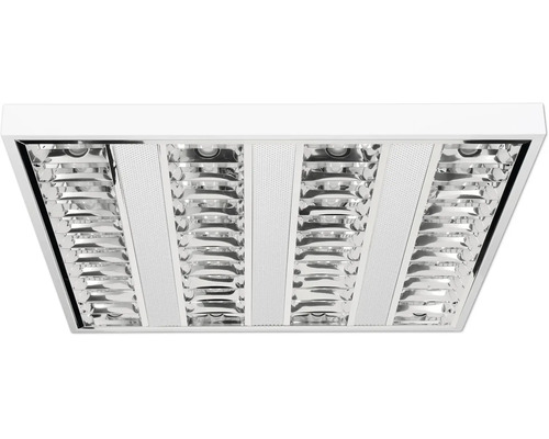 Corp de iluminat cu grilă pătrat pentru birou cu patru rânduri de reflectoare argintii și tablă perforată albă.