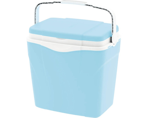 Ladă frigorifică din plastic albastru deschis și alb, cu mâner de transport pentru camping și timp liber.
