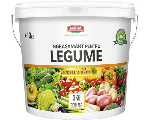 Îngrășământ pentru legume Agrisol, 3 kilograme granule pentru 300 metri pătrați, NPK 14,5-10-15 plus 12S.
