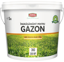 Îngrășământ pentru gazon Agrisol în găleată de 3 kilograme pentru 300 de metri pătrați, granulat, cu calciu și magneziu.