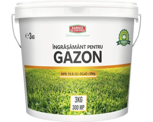 Îngrășământ pentru gazon Agrisol în găleată de 3 kilograme pentru 300 de metri pătrați, granulat, cu calciu și magneziu.