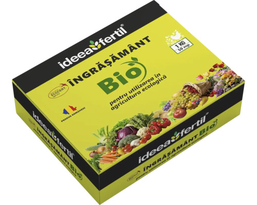 Îngrășământ bio Ideea Fertil, 1 kilogram pentru circa 50 de metri pătrați, certificat Ecocert, produs în România.