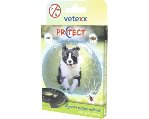 Zgardă antiparazitară vetexx PROTECT pentru câini de talie mare cu protecție împotriva căpușelor, puricilor și țânțarilor.