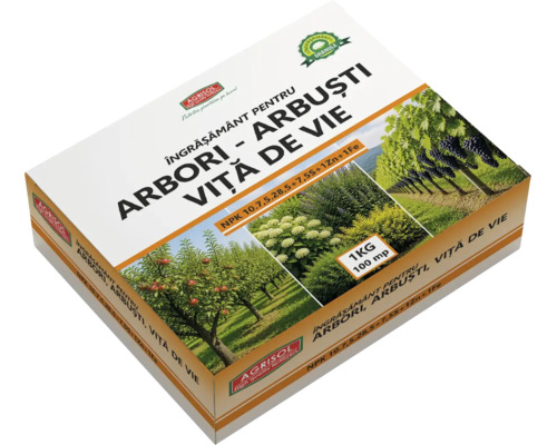 Îngrășământ granulat Agrisol pentru arbori, arbuști și viță de vie, 1 kilogram pentru 100 metri pătrați.
