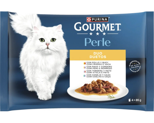 Purina Gourmet Perle Duo hrană umedă pentru pisici, 4 porții a 85 grame, diverse arome cu o pisică albă și hrană pe o farfurie.