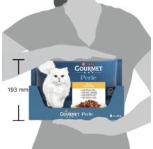 Hrană pentru pisici Purina Gourmet Perle Duo Duetos, multipack cu 4 plicuri a câte 85 grame, înălțime 193 milimetri.