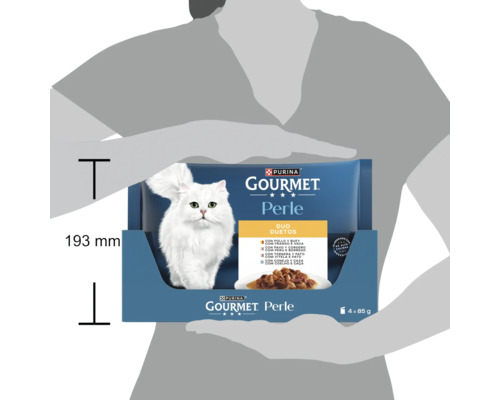 Hrană pentru pisici Purina Gourmet Perle Duo Duetos, multipack cu 4 plicuri a câte 85 grame, înălțime 193 milimetri.
