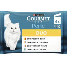 Purina Gourmet Perle Duo hrană umedă pentru pisici multipack 4 bucăți la 85 grame cu diverse sortimente de carne.