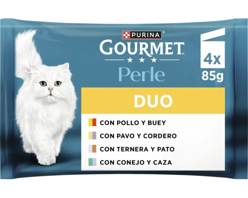Purina Gourmet Perle Duo hrană umedă pentru pisici multipack 4 bucăți la 85 grame cu diverse sortimente de carne.