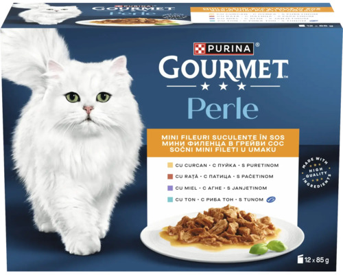 Purina Gourmet Perle hrană pentru pisici mini fileuri în sos, pachet de 12 ori 85 de grame.