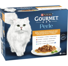 Purina Gourmet Perle hrană pentru pisici, Mini Fileuri în sos, selecție cu curcan, rață, miel și ton, 12 plicuri de 85 grame.