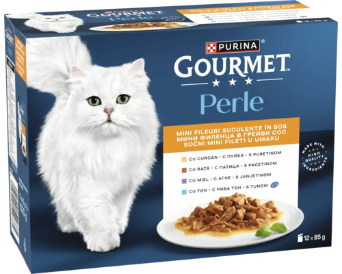 Purina Gourmet Perle hrană pentru pisici, Mini Fileuri în sos, selecție cu curcan, rață, miel și ton, 12 plicuri de 85 grame.