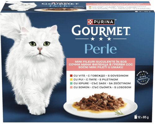 Purina Logo. Hrană pentru pisici Purina Gourmet Perle multipack cu mini fileuri în sos, 12 plicuri a 85 grame.