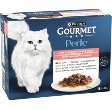 Purina Gourmet Perle hrană pentru pisici multipack, mini fileuri în sos, 12 ori 85 grame, cu vită, pui, iepure și somon.