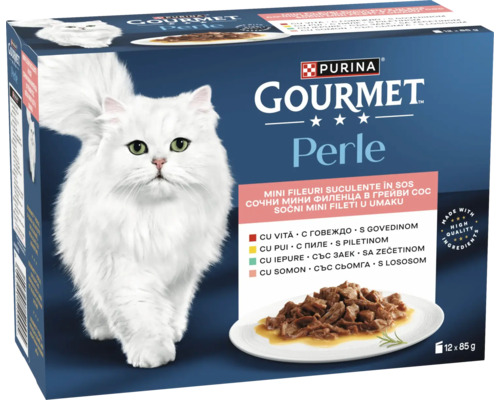 Purina Gourmet Perle hrană pentru pisici multipack, mini fileuri în sos, 12 ori 85 grame, cu vită, pui, iepure și somon.