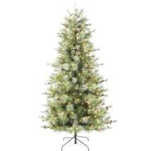 Brad de Crăciun artificial cu iluminare LED, conuri de brad și suport metalic negru.