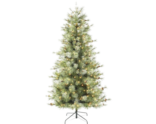 Brad de Crăciun artificial cu iluminare LED, conuri de brad și suport metalic negru.