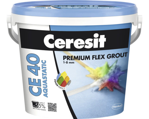 Găleată chit rosturi Ceresit CE 40 Aquastatic Premium Flex pentru rosturi de la 1 la 8 mm. Tehnologie Color Perfect și 55 la sută plastic reciclat.