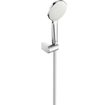 Set pară de duș Roca din metal cromat cu pară de duș rotundă, bară de duș și suport de perete.