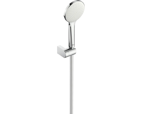 Set pară de duș Roca din metal cromat cu pară de duș rotundă, bară de duș și suport de perete.