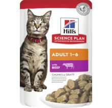 Hill's Logo, hrană pentru pisici Hill's Science Plan Adult 1 până la 6 cu vită, bucățele în sos, pliculeț, fără conservanți artificiali.