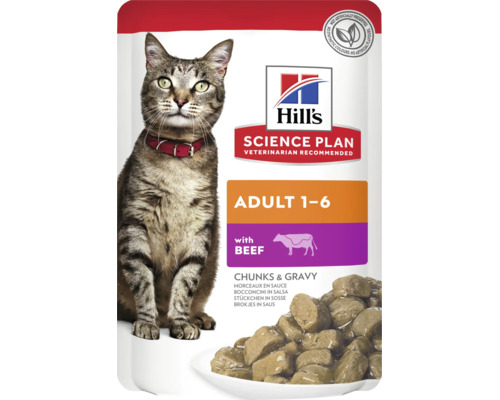 Hill's Logo, hrană pentru pisici Hill's Science Plan Adult 1 până la 6 cu vită, bucățele în sos, pliculeț, fără conservanți artificiali.