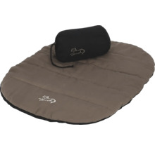 Saltea matlasată, ovală pentru câini pentru călătorii în maro cu sac de depozitare negru și logo.