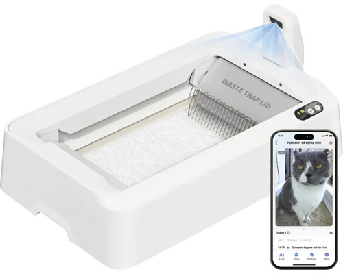 Litieră pentru pisici cu autocurățare, așternut de cristal, sistem de cernere automat și aplicație pentru smartphone.
