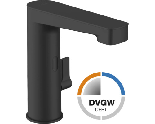 Baterie pentru lavoar neagră cu marcaj de certificare DVGW.