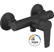 Baterie de duș monocomandă Jungborn în negru mat cu certificare DVGW și logo Jungborn.