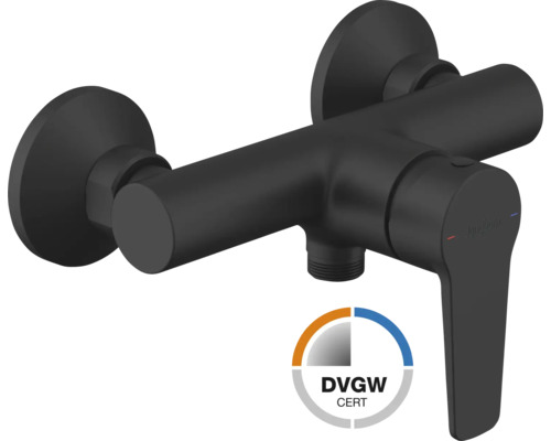 Baterie de duș monocomandă Jungborn în negru mat cu certificare DVGW și logo Jungborn.