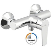 Baterie de duș monocomandă din metal cromat cu certificat DVGW și Jungborn Logo.