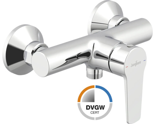 Baterie de duș monocomandă din metal cromat cu certificat DVGW și Jungborn Logo.