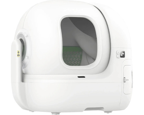 Litieră autonivelantă pentru pisici din plastic, design modern rotund cu orificiu de acces.