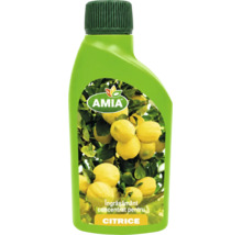 Îngrășământ lichid pentru citrice în flacon de plastic verde, AMIA Logo.