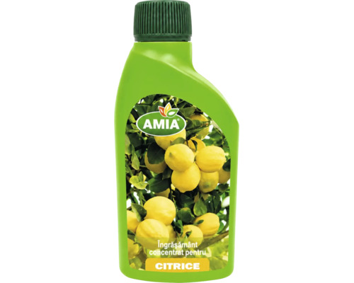 Îngrășământ lichid pentru citrice în flacon de plastic verde, AMIA Logo.