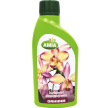 Îngrășământ concentrat pentru orhidee Amia în flacon de plastic cu o imagine a unor orhidee.