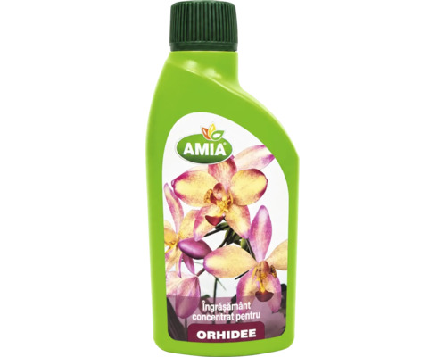 Îngrășământ concentrat pentru orhidee Amia în flacon de plastic cu o imagine a unor orhidee.