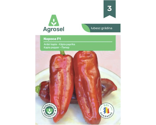 Plic cu semințe de ardei kapia Napoca F1 de la Agrosel cu imaginea unor ardei roșii și simbolul de protecție a germinației.