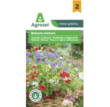 Plic cu semințe Agrosel amestec pentru jardiniere cu imaginea unui coș suspendat înflorit. Conține Agrosel Logo și sigiliul pentru protecția germinației.