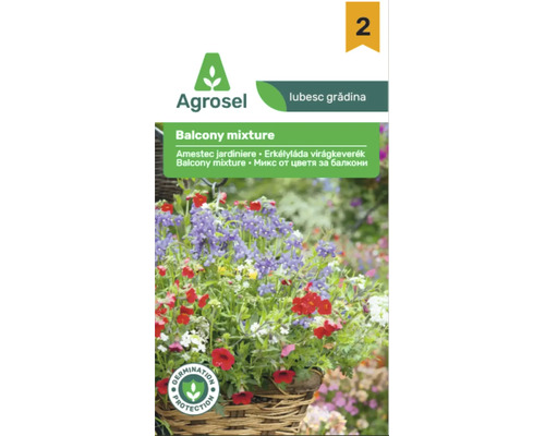 Plic cu semințe Agrosel amestec pentru jardiniere cu imaginea unui coș suspendat înflorit. Conține Agrosel Logo și sigiliul pentru protecția germinației.