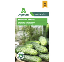 Agrosel Logo pe plicul de semințe de castraveți Cornichon de Paris cu imaginea unor castraveți mici și sigiliu de protecție a germinației.