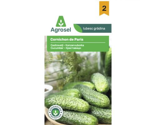 Agrosel Logo pe plicul de semințe de castraveți Cornichon de Paris cu imaginea unor castraveți mici și sigiliu de protecție a germinației.