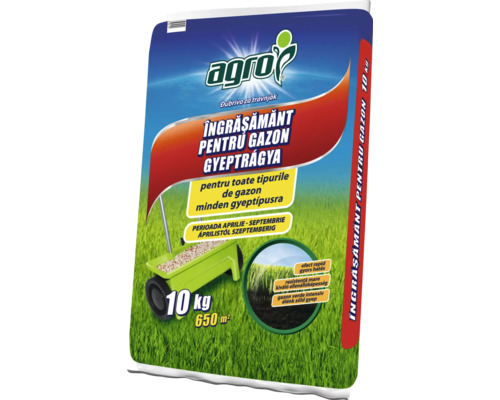 Îngrășământ pentru gazon Agro 10 kilograme pentru 650 metri pătrați.