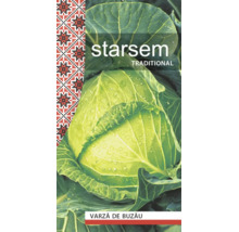 Semințe Starsem Traditional Varză de Buzău ambalaj cu imaginea unei verze cu picături de apă.