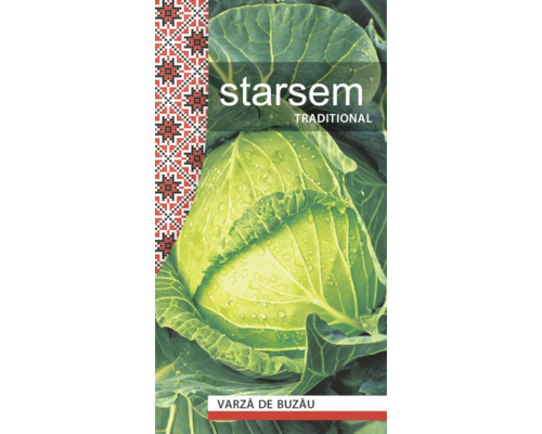 Semințe Starsem Traditional Varză de Buzău ambalaj cu imaginea unei verze cu picături de apă.