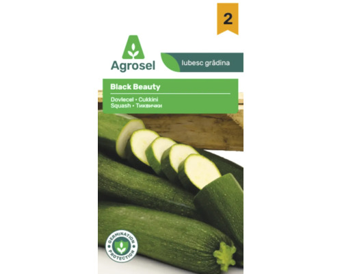 Agrosel Logo, semințe pentru dovlecel Black Beauty, imagine cu dovlecei întregi și feliați, sigiliu pentru protecția germinării.