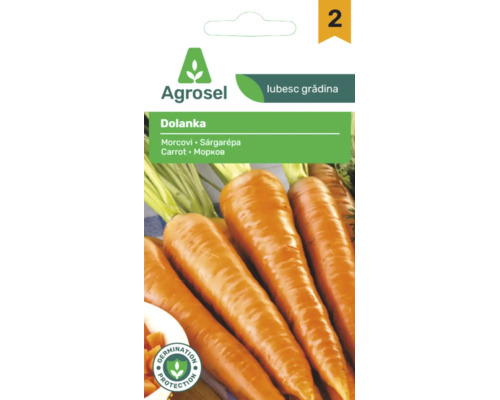 Logo Agrosel. Plic de semințe pentru morcovi din soiul Dolanka cu protecție pentru germinare.