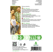 Verso plic semințe de morcov cu imaginea unei familii, semănat din martie până în mai, recoltat din septembrie până în octombrie și Agrosel Logo.